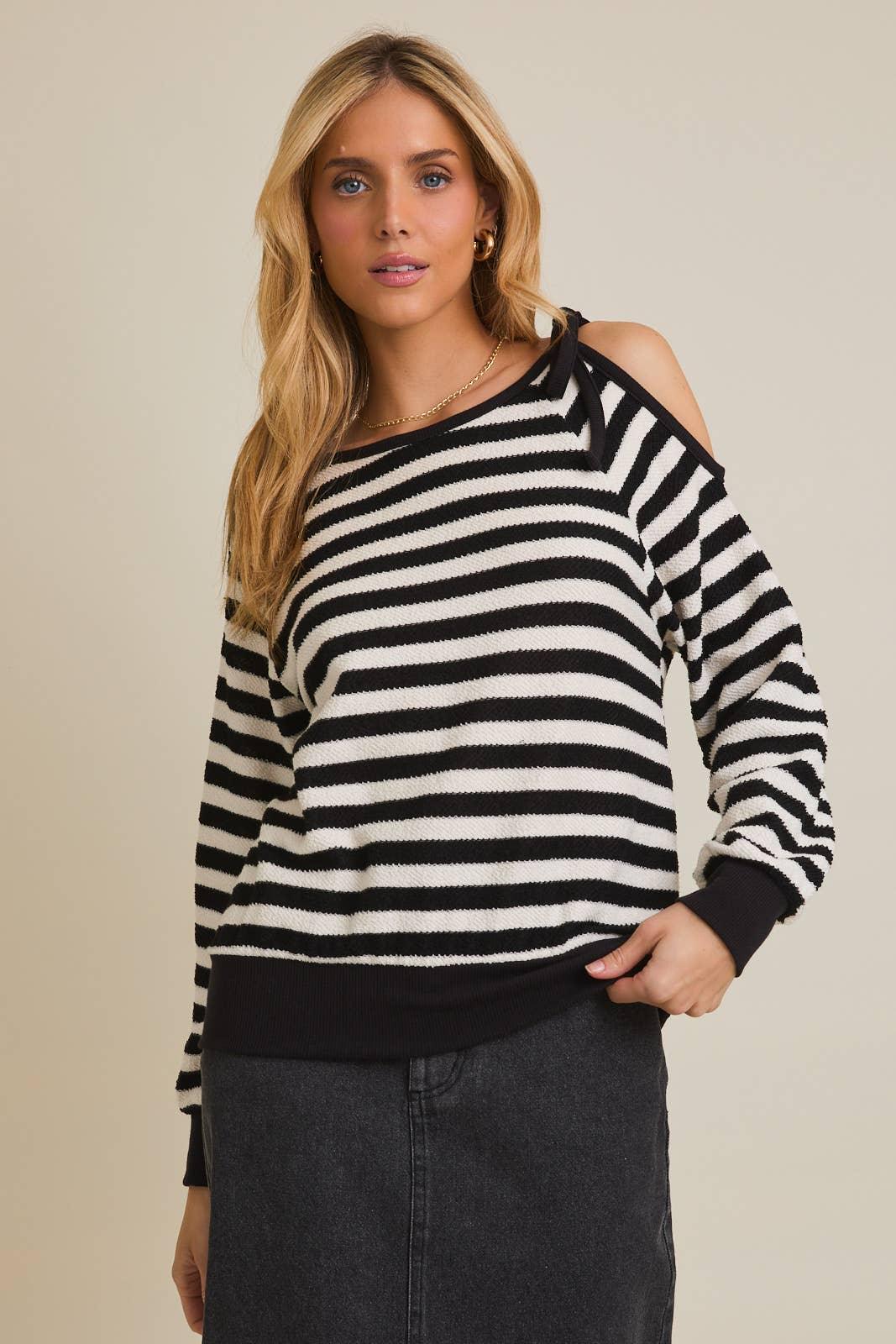 Women's Long Sleeve - ROUND NECK SHOULDER CUT-OUT TIE LONG SLEEVE STRIPE TOP - - Cultured Cloths Apparel