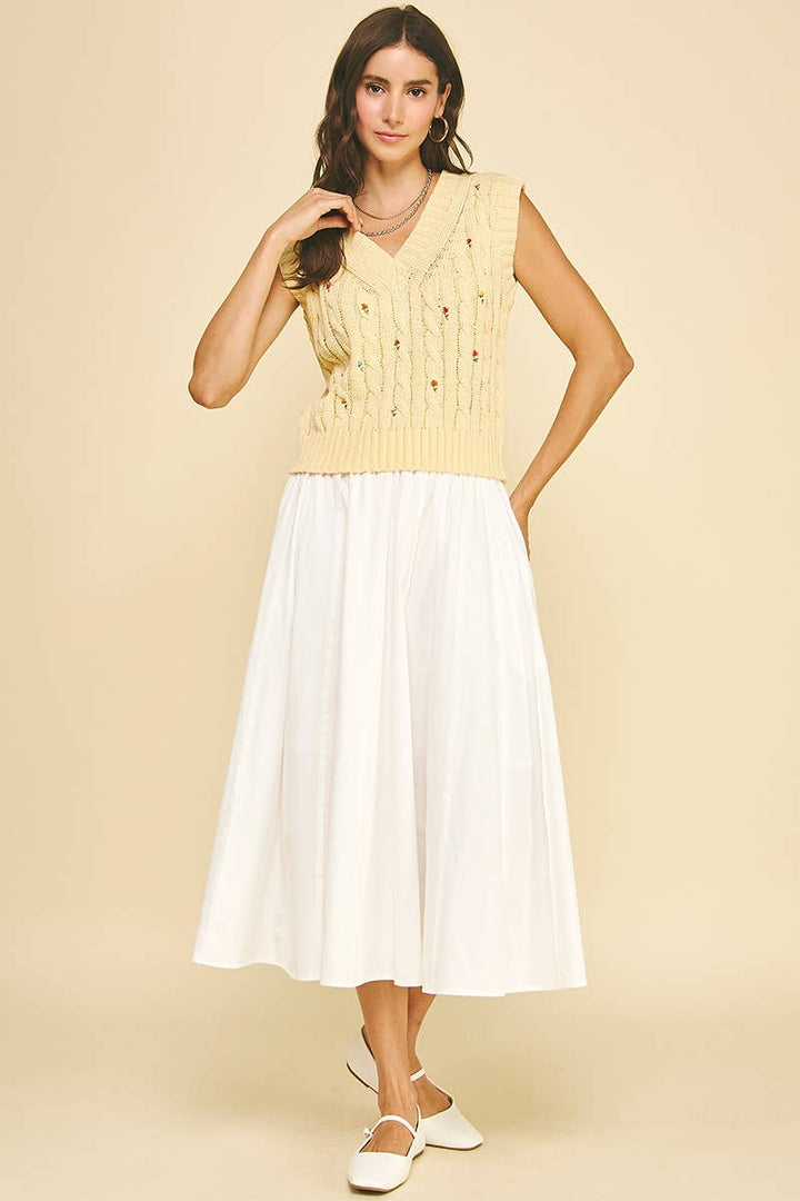 Women's Sleeveless - FLORAL EMBROIDERED CABLE KNIT SWEATER VEST - - Cultured Cloths Apparel