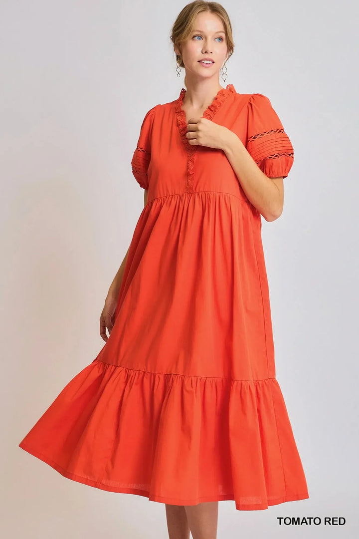 Women's Dresses - Umgee Short Sleeve Lace-Trim Ruffled Midi Dress - TOMATO RED - Cultured Cloths Apparel