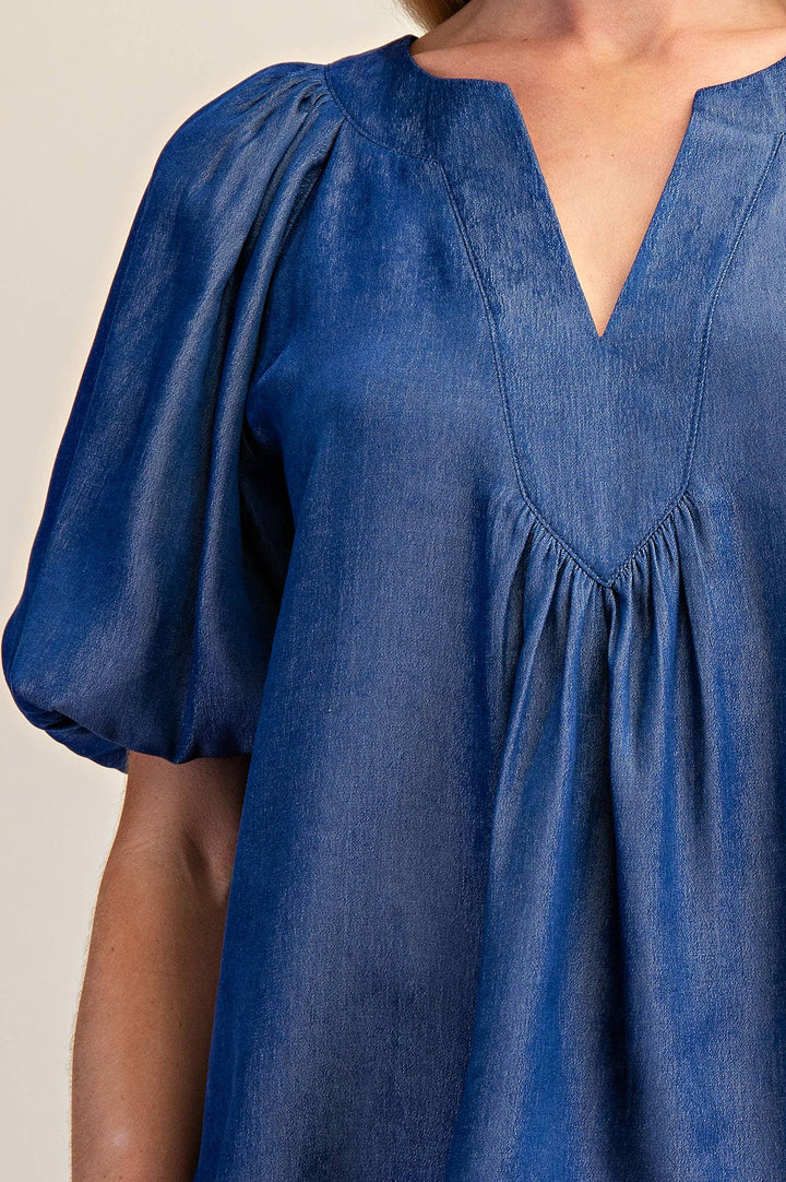 - V-Neck Placket Balloon Sleeve Top - - Cultured Cloths Apparel
