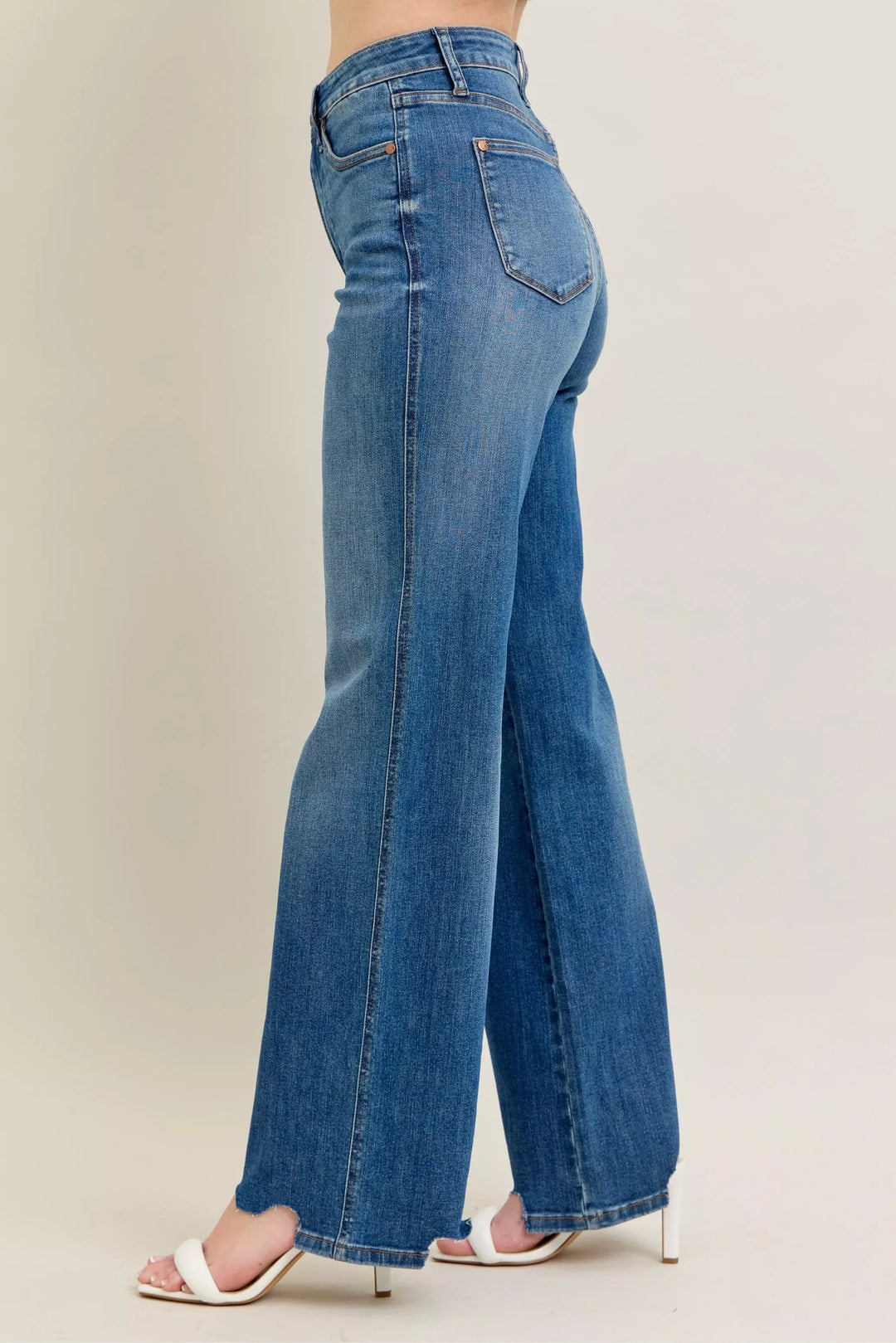 Denim - Judy Blue Full Size High Waist Tummy Control Chew Hem Destroy Wide Jeans Plus Size - - Cultured Cloths Apparel