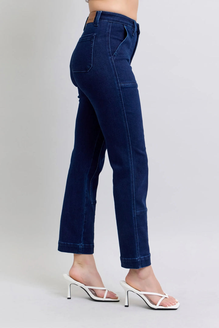 Denim - Judy Blue Full Size Hw Work Wear Knee Patch Straight Jeans Plus Size - - Cultured Cloths Apparel