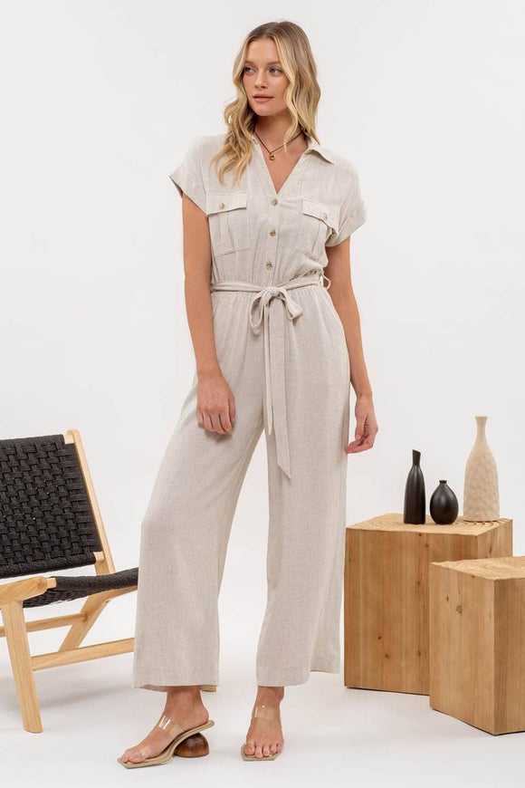 Women's Rompers - BUTTON DOWN BELTED WIDE LEG JUMPSUIT -  - Cultured Cloths Apparel