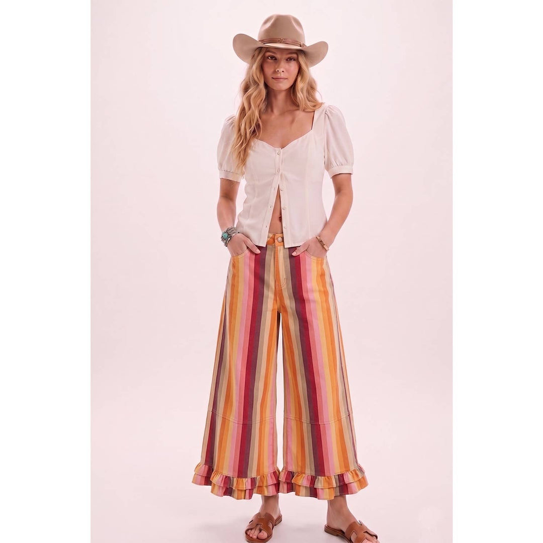 Pants - Ruffle Multicolor Stripe Washed Rupple Wide Leg Denim - - Cultured Cloths Apparel