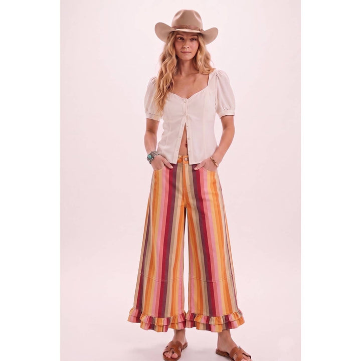 Pants - Ruffle Multicolor Stripe Washed Rupple Wide Leg Denim - - Cultured Cloths Apparel
