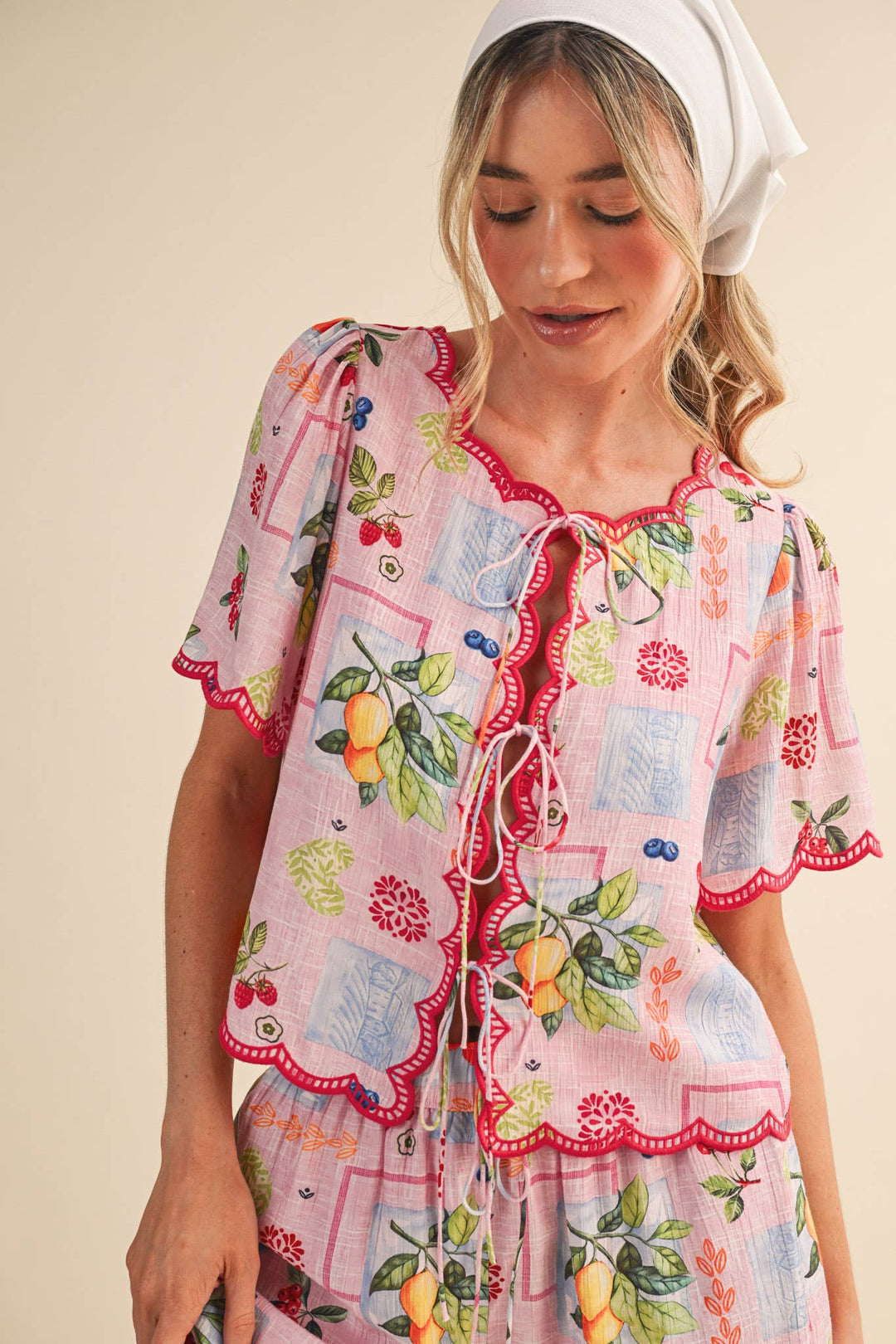 Romper - FRUIT PRINT EMBROIDERED SCALLOP TOP AND SHORTS SET - - Cultured Cloths Apparel