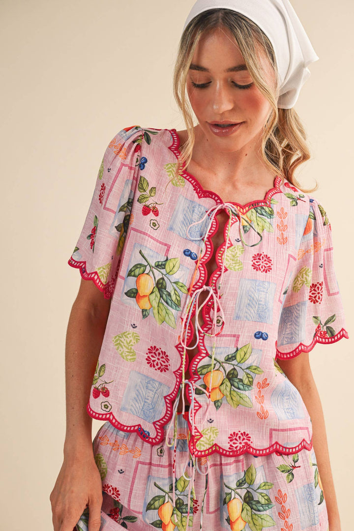 Romper - FRUIT PRINT EMBROIDERED SCALLOP TOP AND SHORTS SET - - Cultured Cloths Apparel