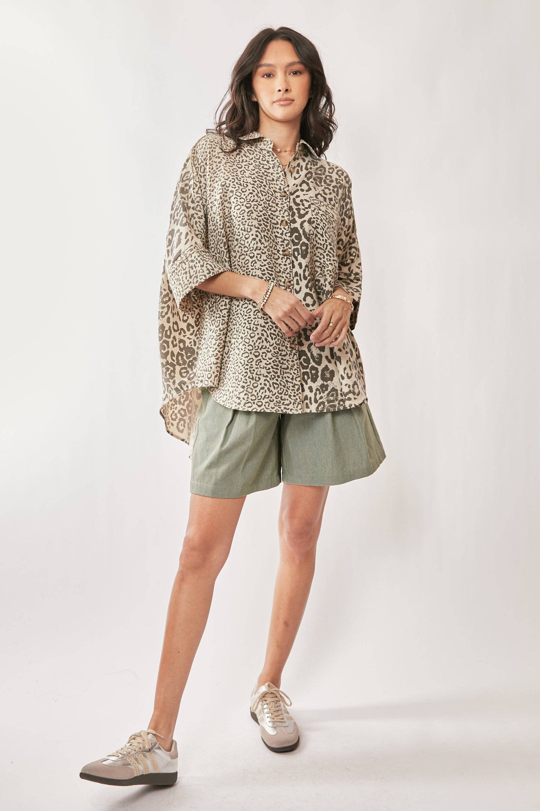 Leopard Print Oversized High-Low Button-Down Shirt