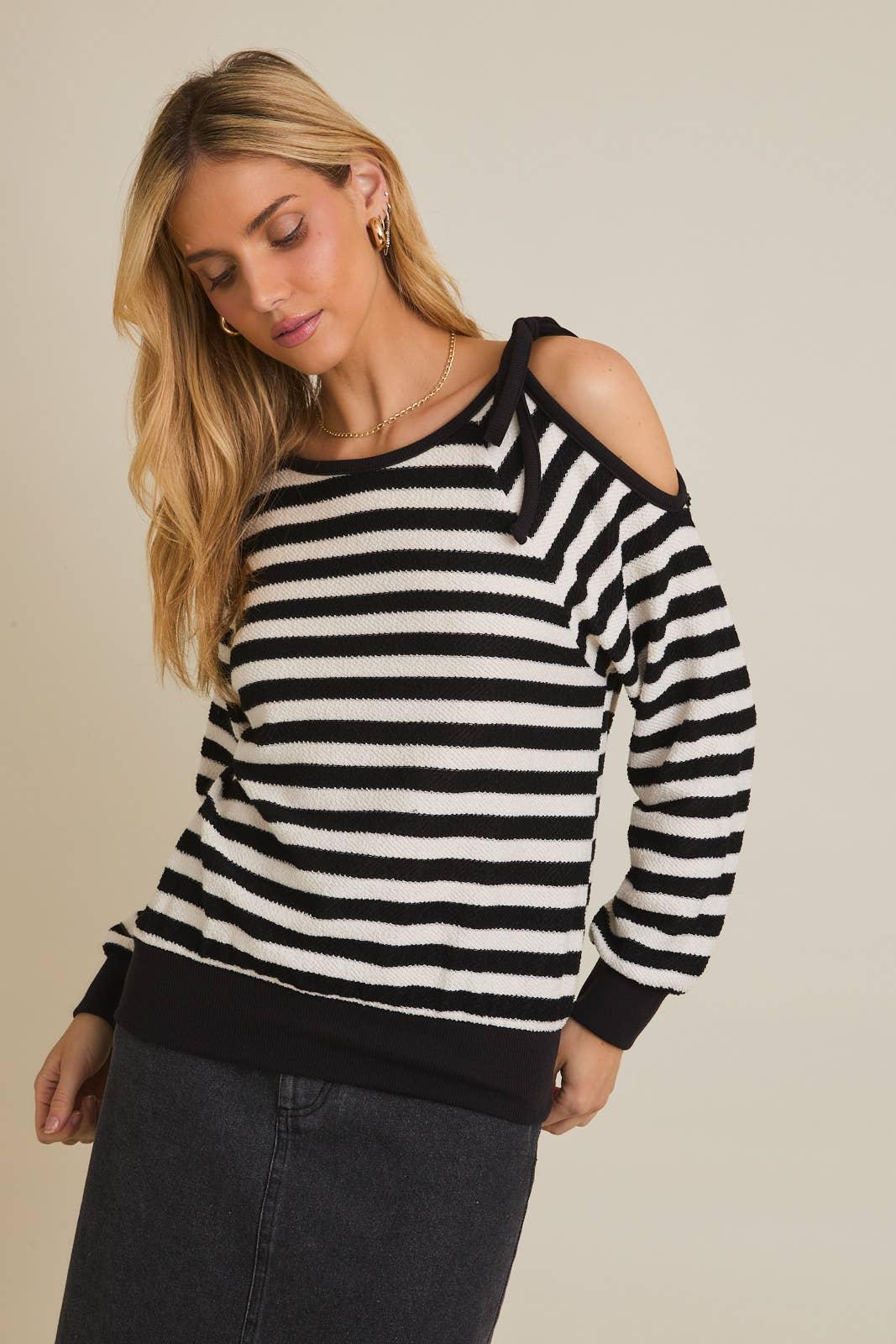Women's Long Sleeve - ROUND NECK SHOULDER CUT-OUT TIE LONG SLEEVE STRIPE TOP - WHITE-BLACK STRIPE - Cultured Cloths Apparel