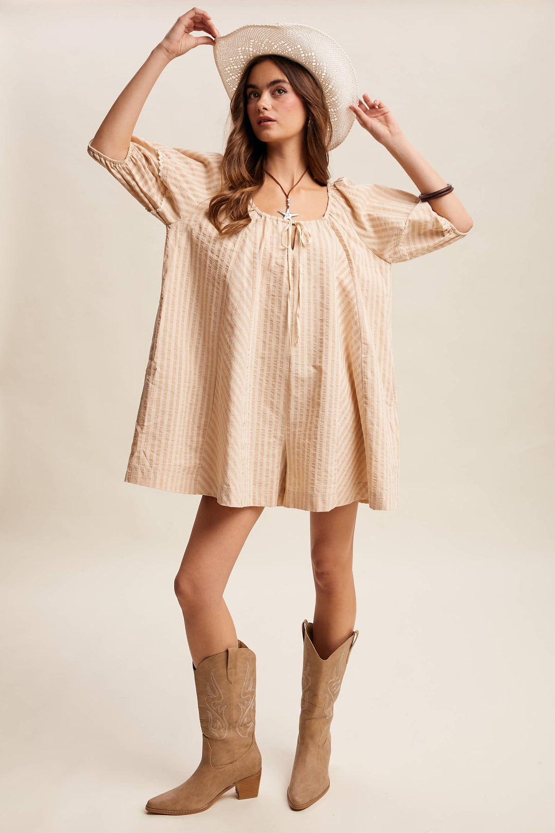 Striped Puff Sleeve Romper