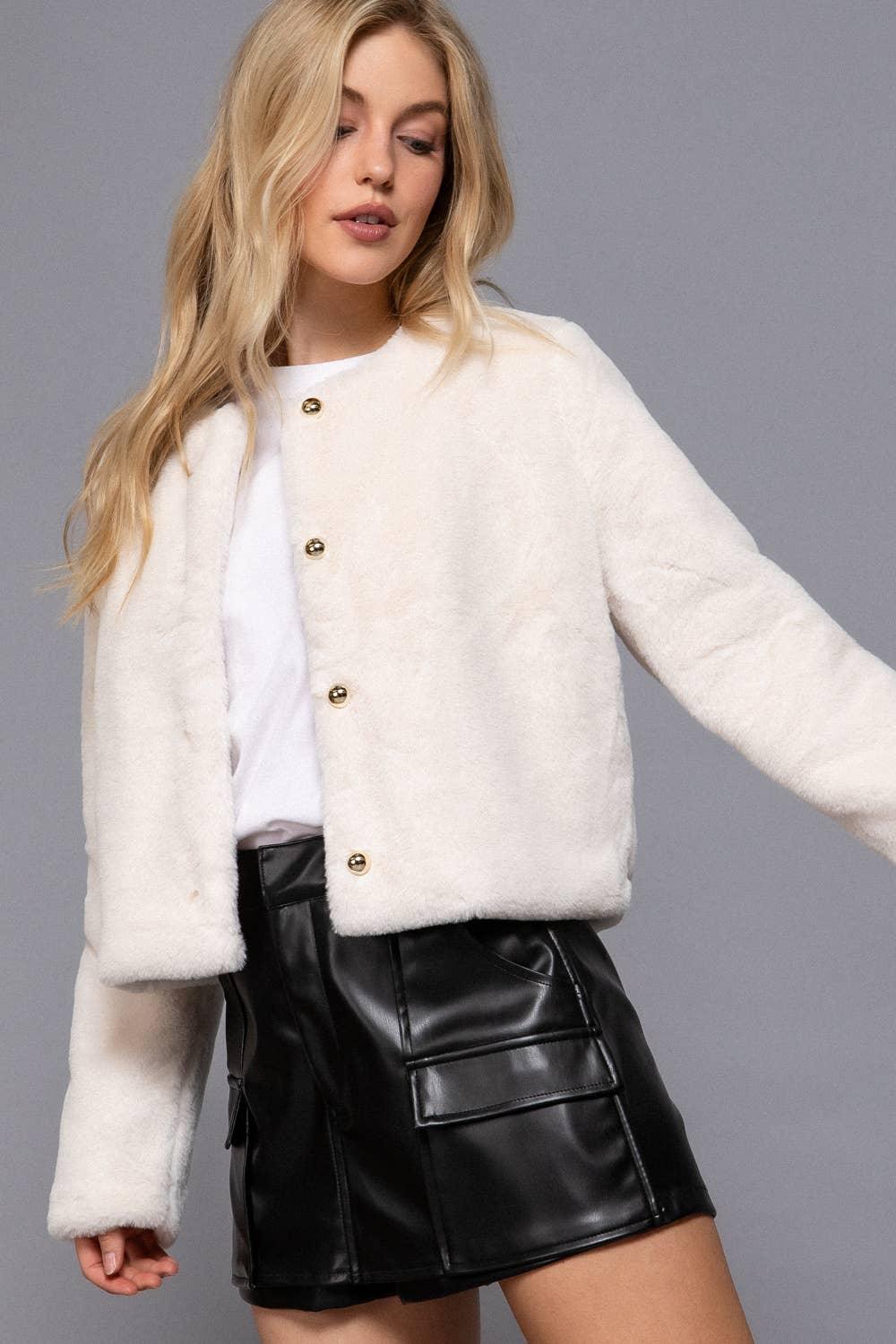 Outerwear - Long Sleeve Round Neck Faux Fur Crop Length Blazer - - Cultured Cloths Apparel