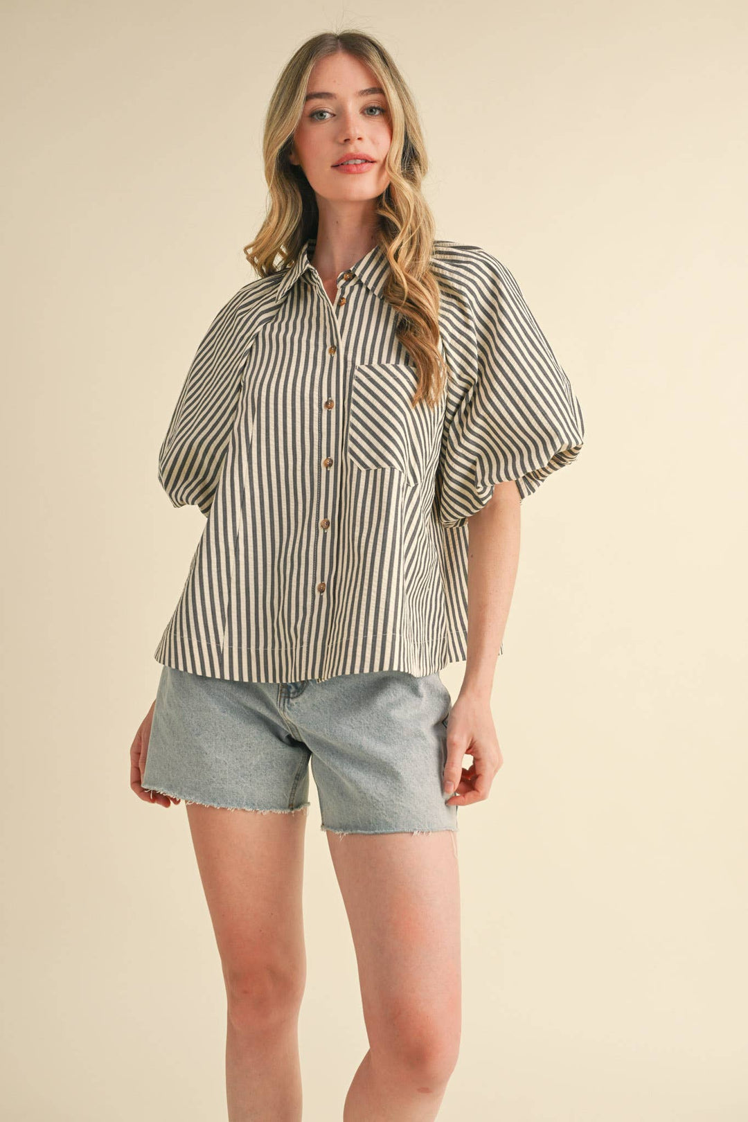 Women's Short Sleeve - STRIPED BUBBLE SLEEVE BUTTON DOWN TOP - - Cultured Cloths Apparel
