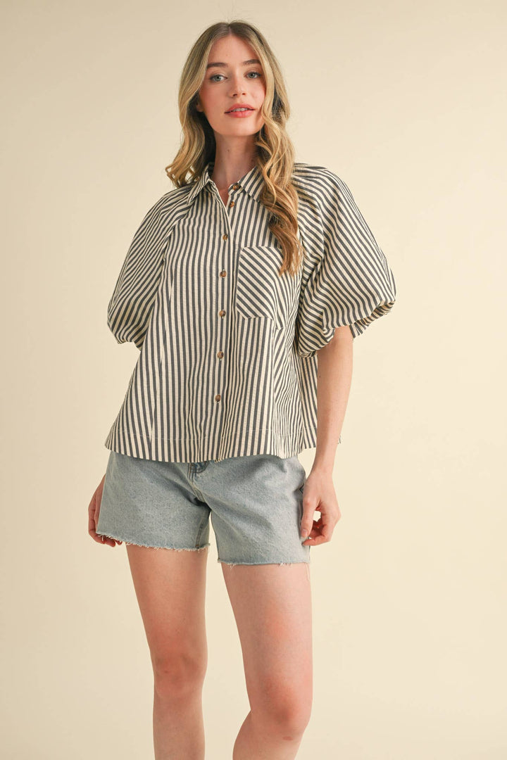 Women's Short Sleeve - STRIPED BUBBLE SLEEVE BUTTON DOWN TOP - - Cultured Cloths Apparel