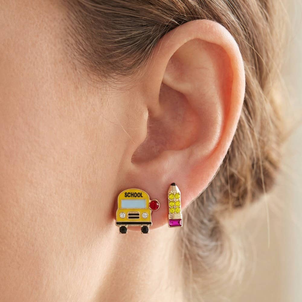 Accessories, Earrings - Enamel School Bus And Pencil Stud Dangle Earrings - GD - Cultured Cloths Apparel
