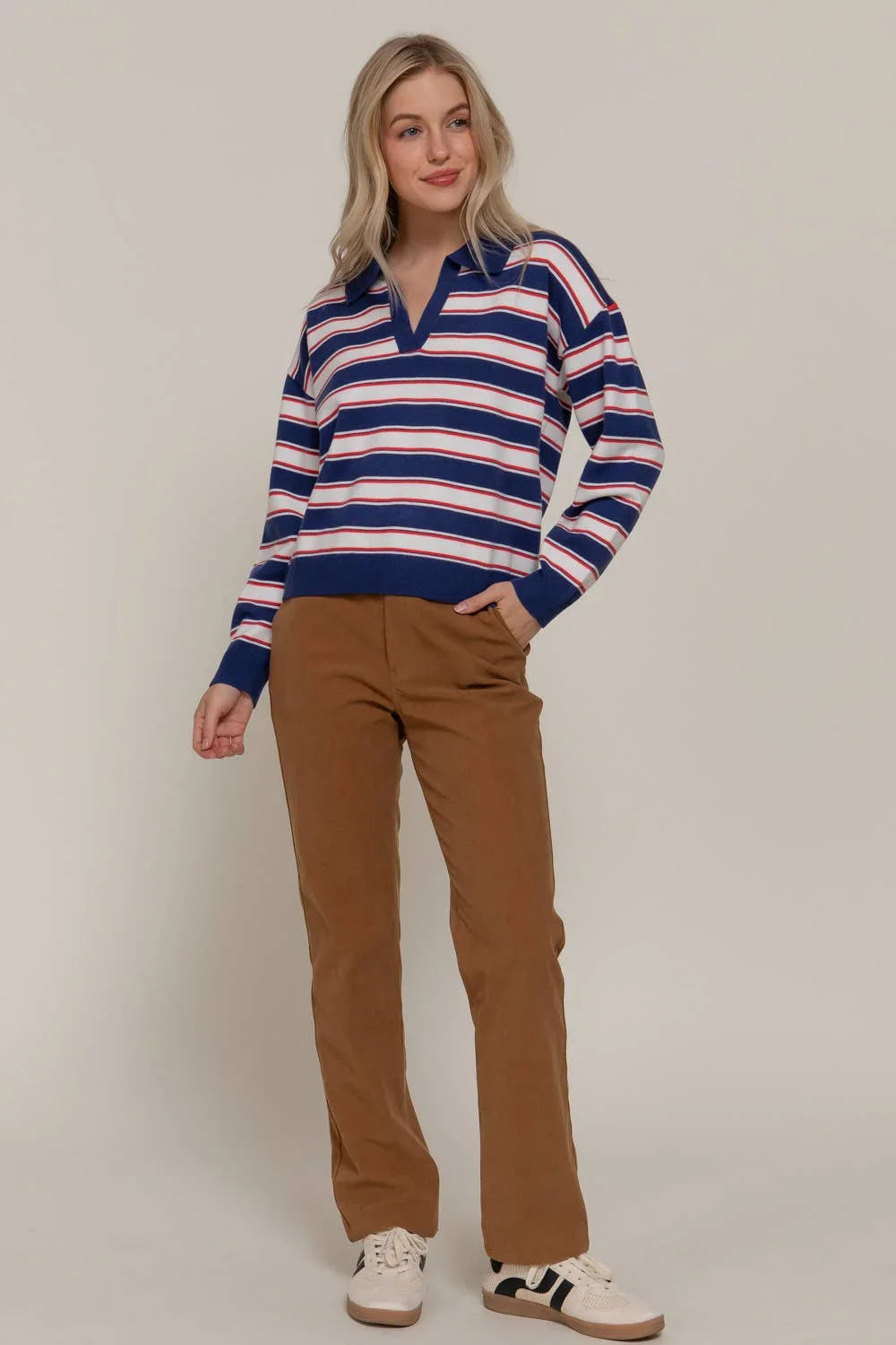 Women's Sweaters - Long Sleeve Multi Stripe Polo Sweater - NAVY/RED - Cultured Cloths Apparel