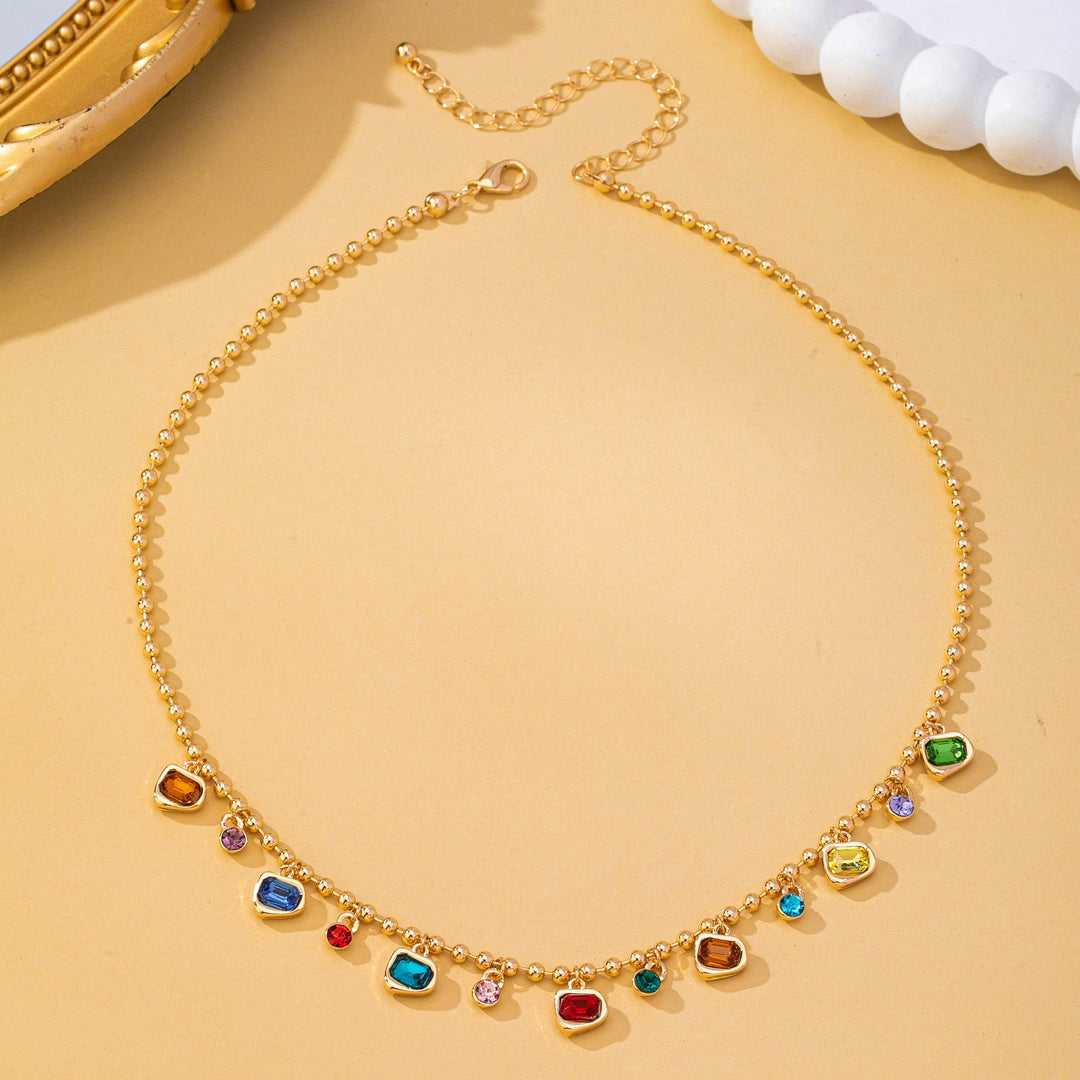 Accessories, Necklaces - Brass Multi-Color Glass Gem Charm Chain Necklace | 80N93682 - - Cultured Cloths Apparel