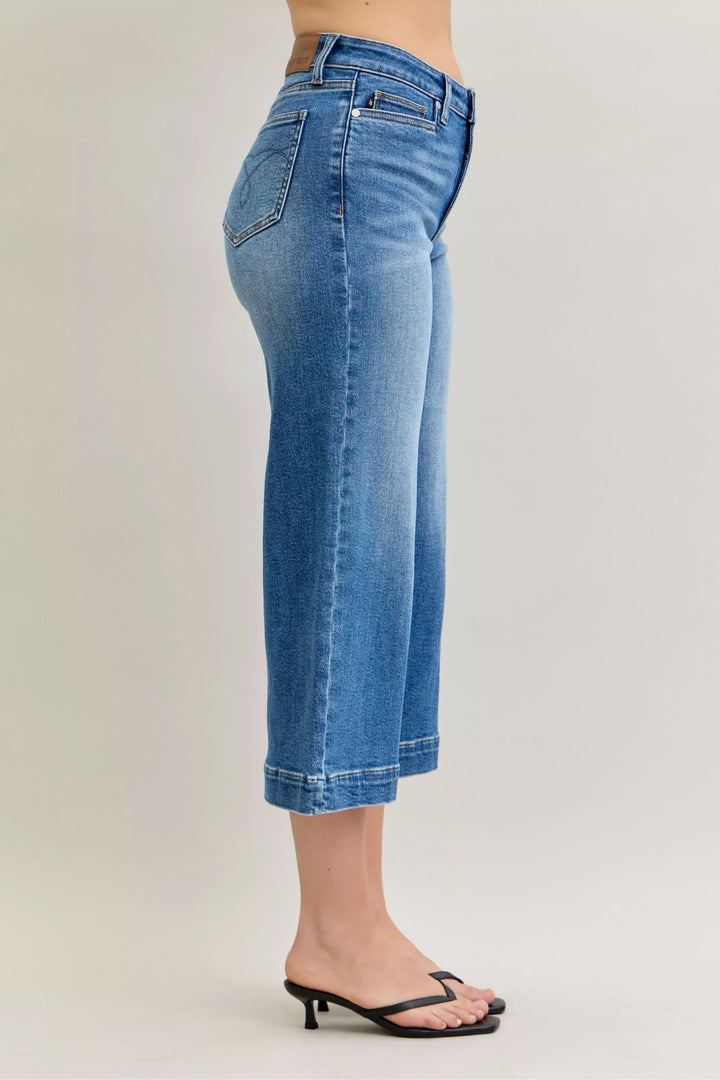 Denim - Judy Blue Mid Rise Crop Wide Leg Jeans - - Cultured Cloths Apparel