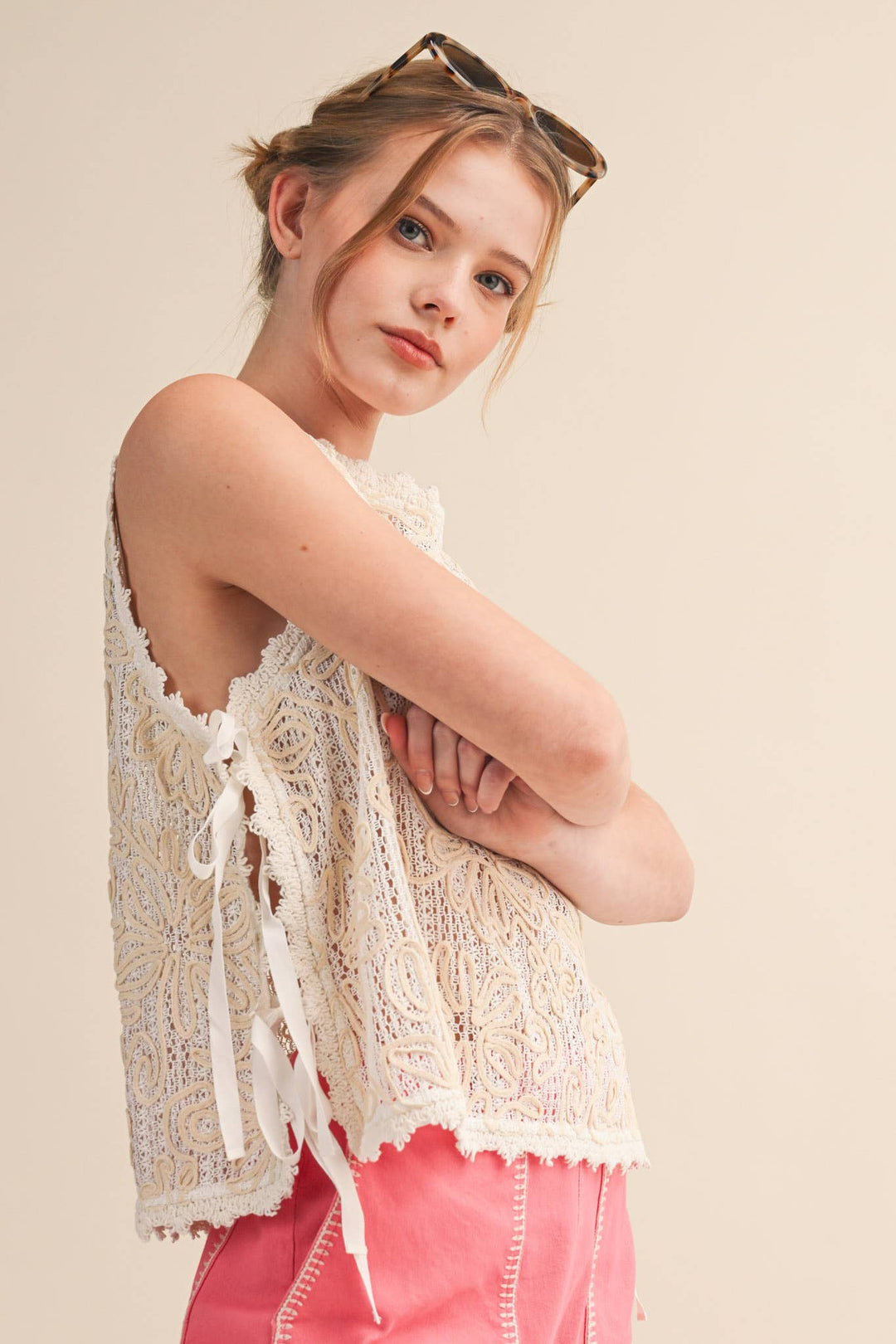 - FLORAL CROCHET TANK WITH SIDE TYING DETAIL MTP4770 - - Cultured Cloths Apparel