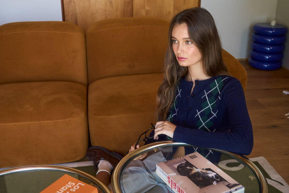 Women's Sweaters - ARGYLE PATTERN BUTTON DOWN LONG SLEEVE CARDIGAN - NAVY - Cultured Cloths Apparel