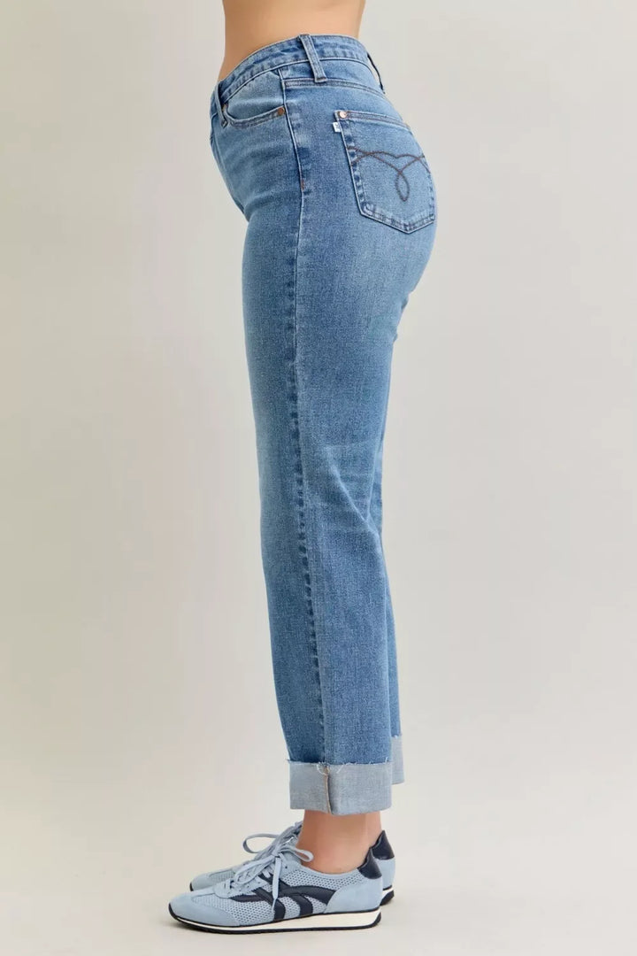 Denim - Judy Blue High Waist Bf Criss-cross Mild Destroy Jeans with Single Cuff - - Cultured Cloths Apparel