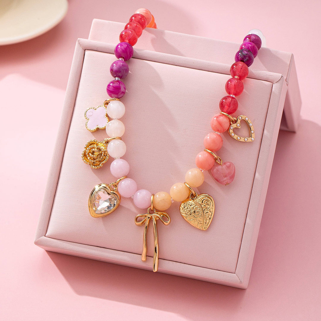 Accessories, Necklaces - Pastel Beaded Bow Heart Flower Charm Necklace | 80N92704 - GOLD - Cultured Cloths Apparel