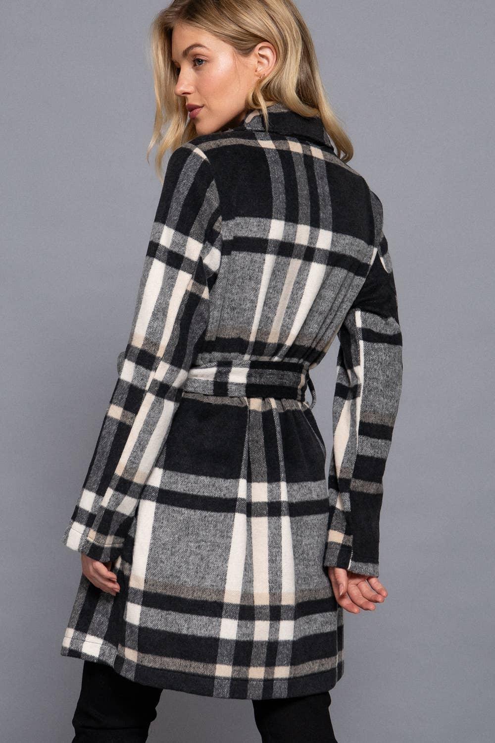 Outerwear - Long Sleeve Notched Collar with Waist Belt Plaid Jacket - - Cultured Cloths Apparel