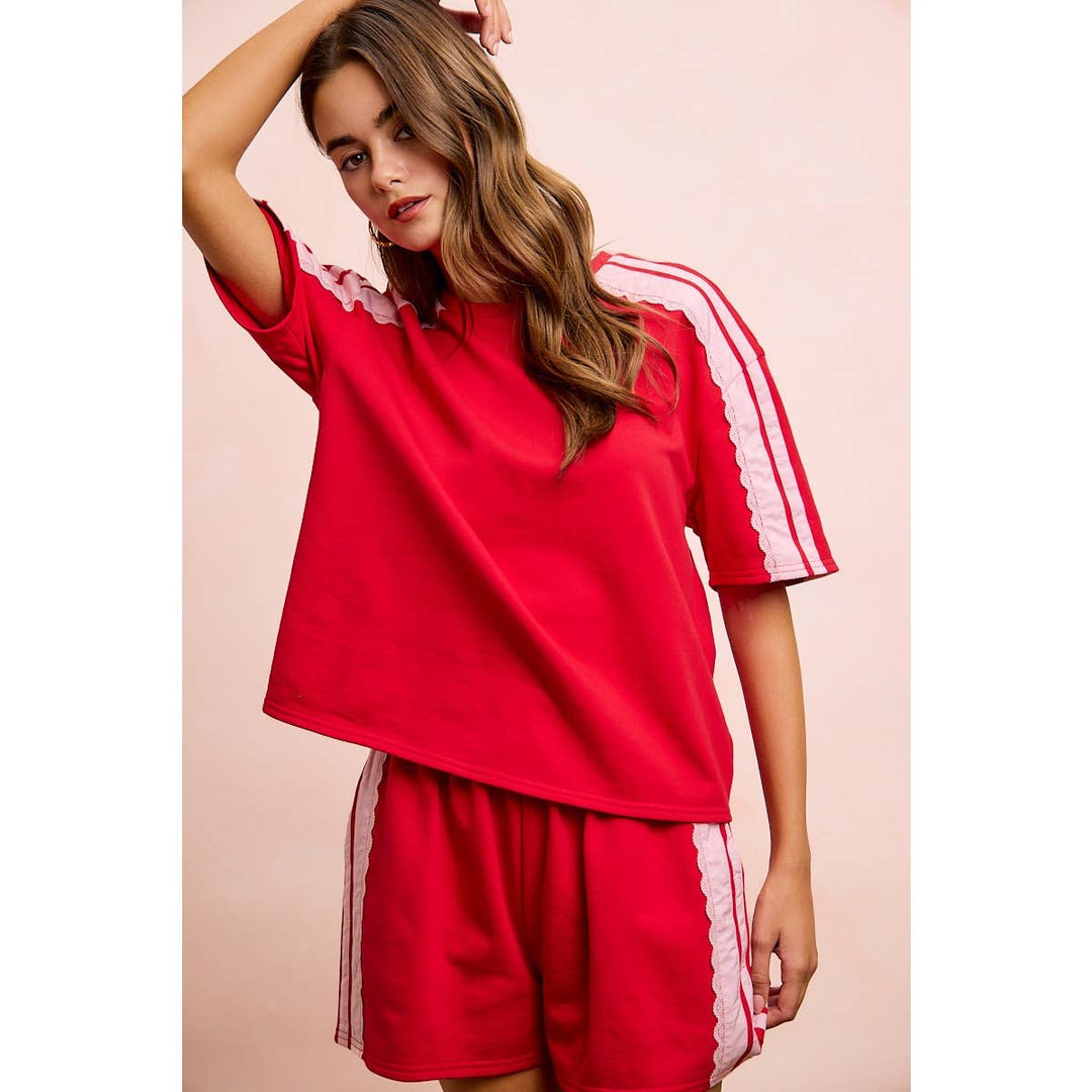 FRENCH TERRY SIDE LACE DETAIL SHORT SLEEVES TOP