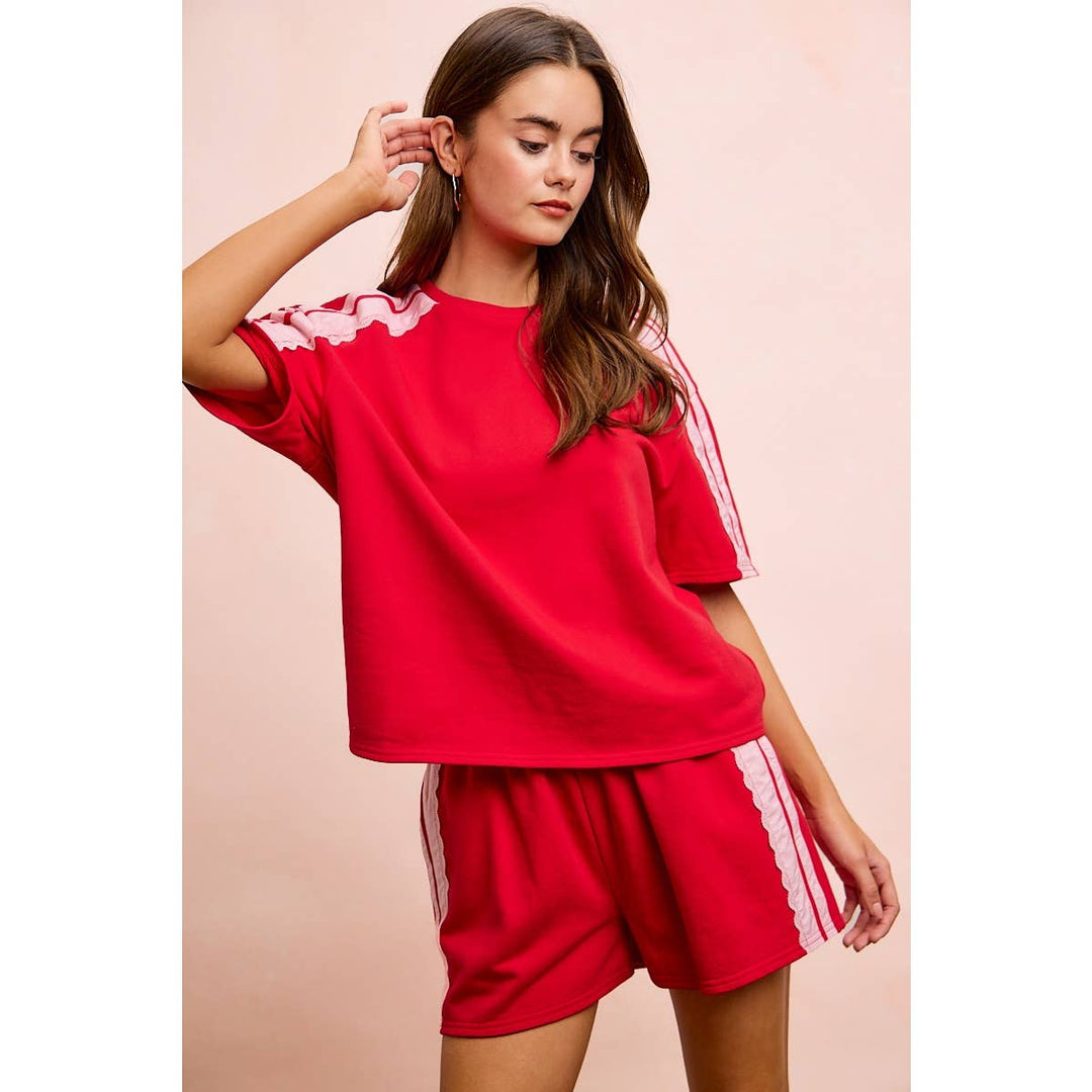 FRENCH TERRY SIDE LACE DETAIL SHORT SLEEVES TOP