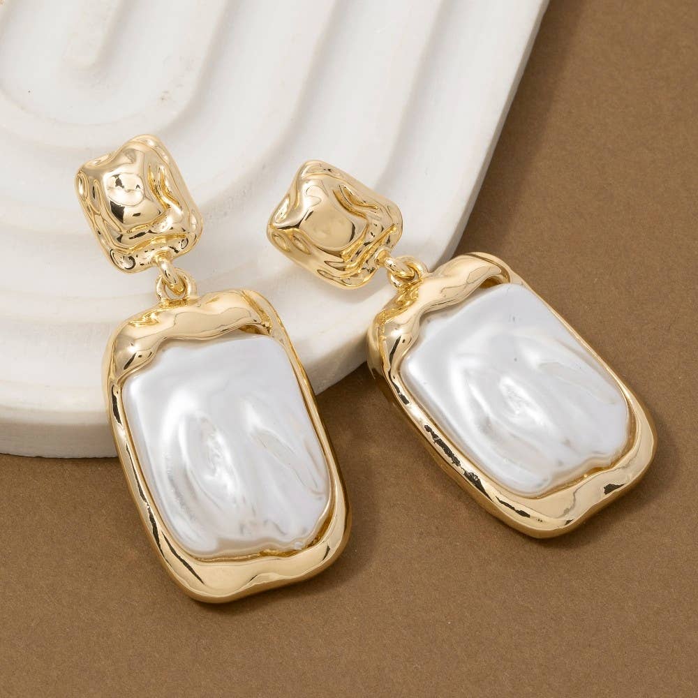 Accessories, Earrings - Metallic And Pearl Rectangle Stud Dangle Earrings - - Cultured Cloths Apparel