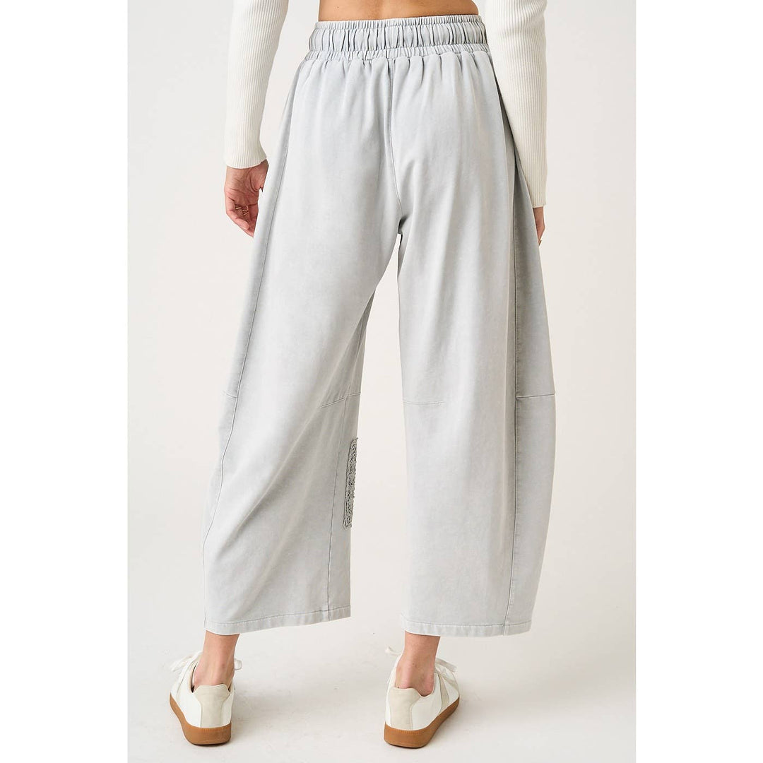 MINERAL WASH CROCHET PATCH BARREL LEG PANTS