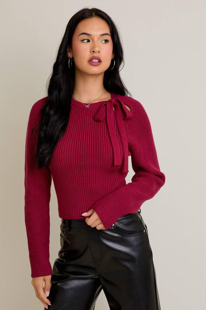 Women's Sweaters - ROUND NECK SWEATER WITH RIBBON BOW DETAIL ON THE SHOULDER - BERRY - Cultured Cloths Apparel