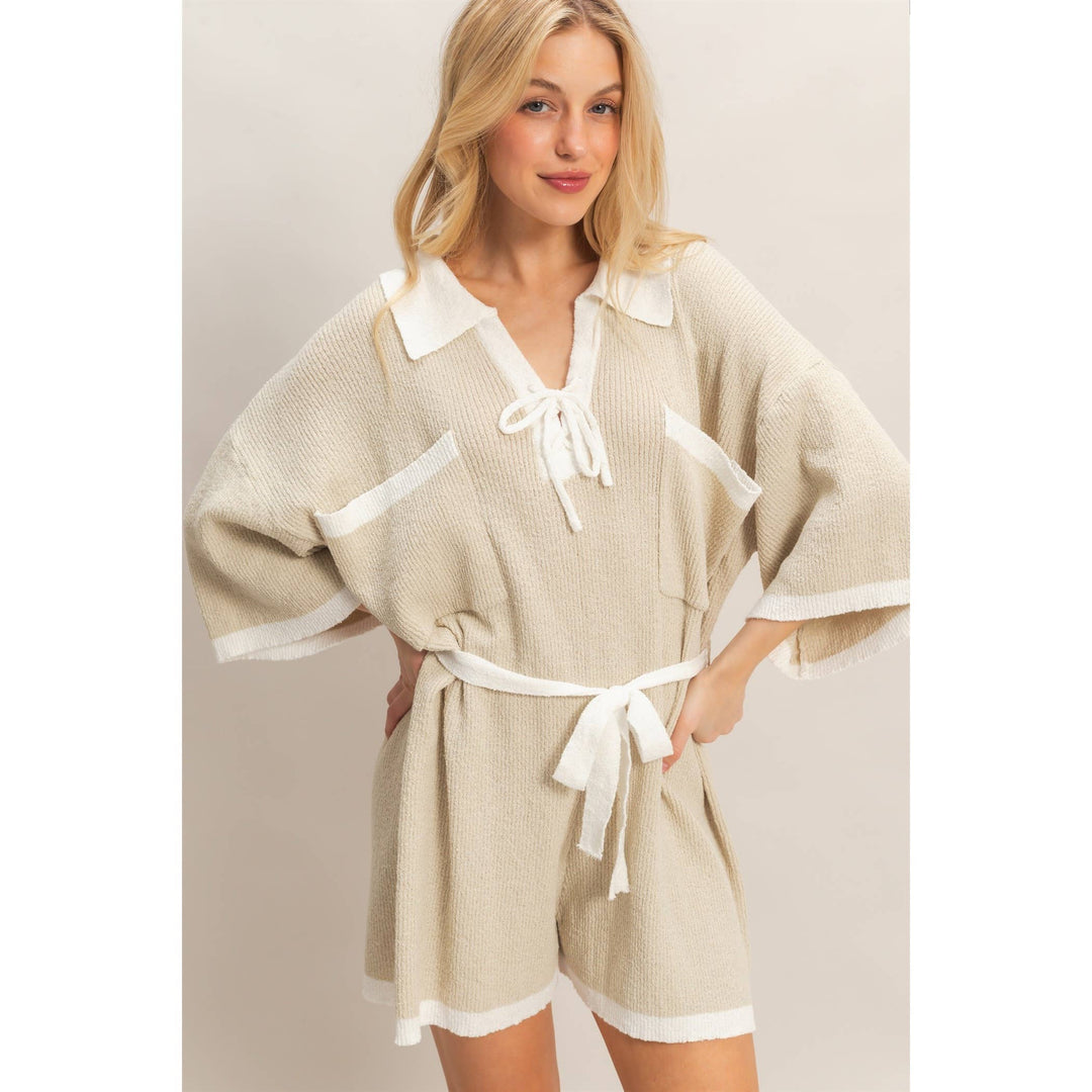 Women's Rompers - Knit Romper With Contrast Tie - SMALL - Cultured Cloths Apparel