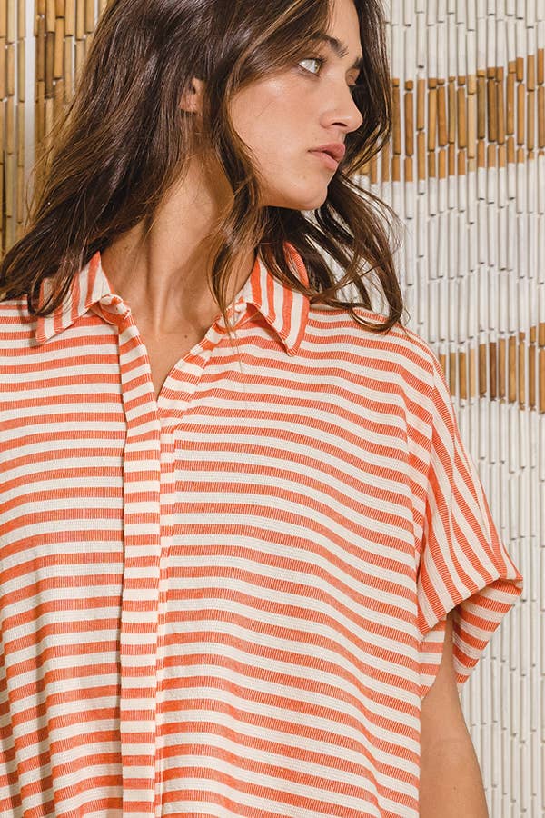 Women's Short Sleeve - Short Dolman Sleeve Oversized Stripe Shirt Top - - Cultured Cloths Apparel