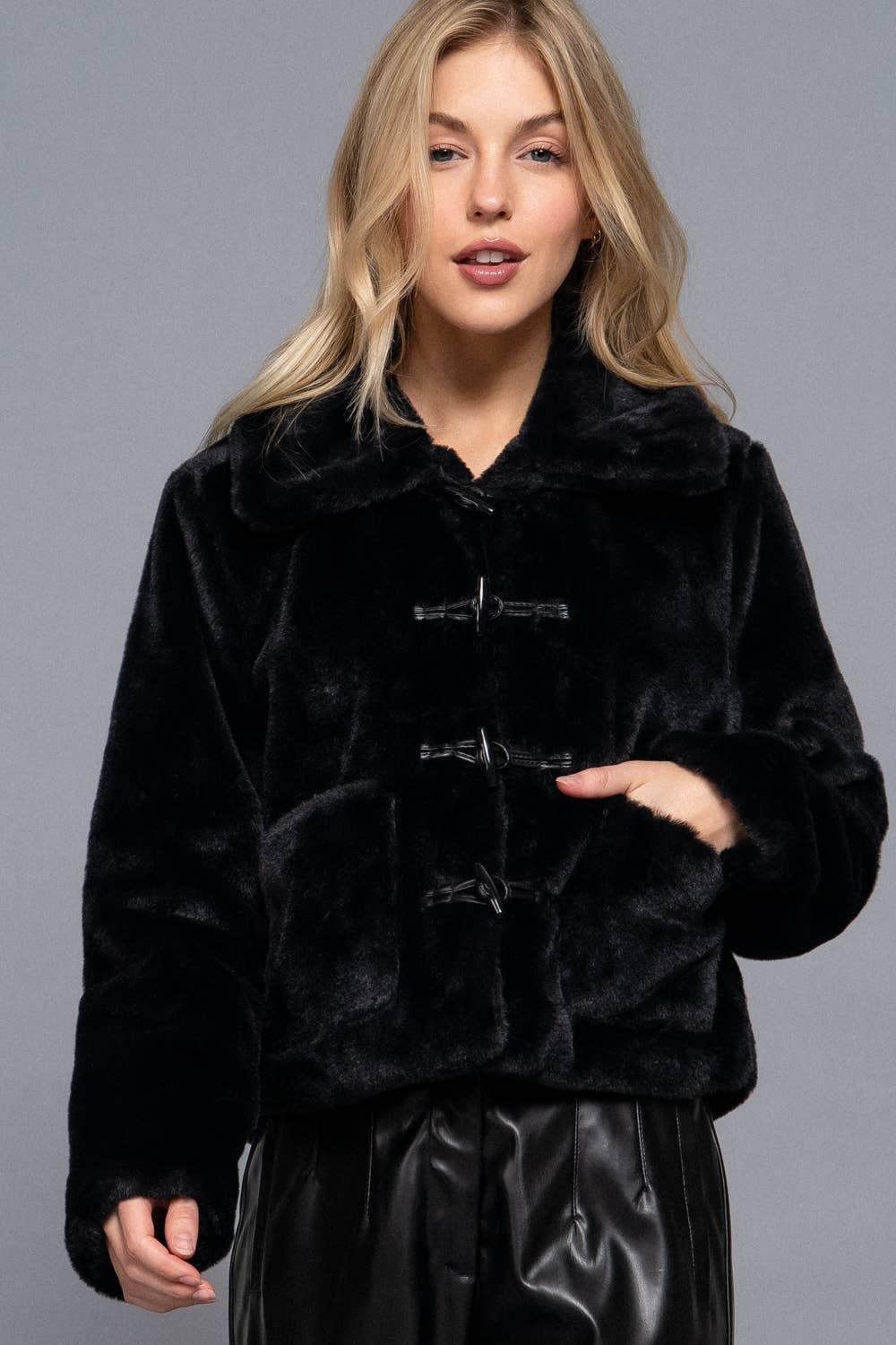 Outerwear - Long Sleeve Collar with Toggle Button Fur Duffle Jacket - BLACK - Cultured Cloths Apparel