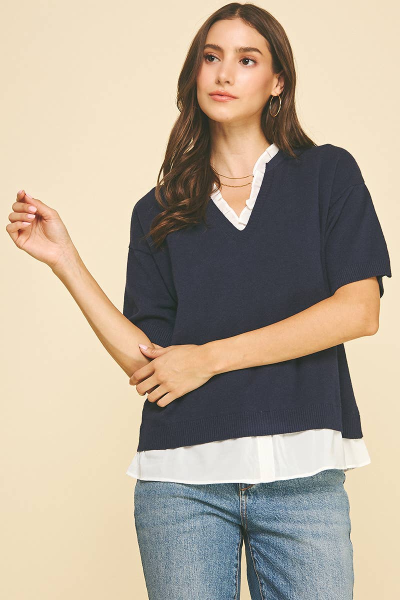 Women's Short Sleeve - MIXED MEDIA LAYERED KNIT TOP - - Cultured Cloths Apparel