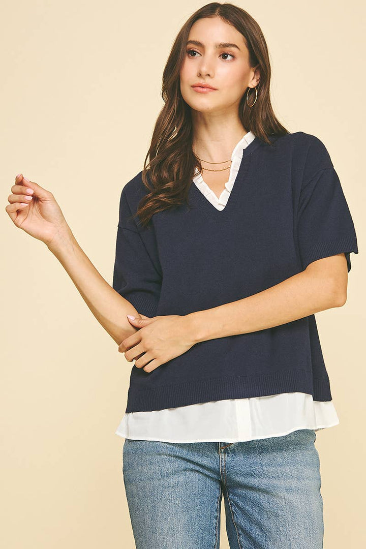 Women's Short Sleeve - MIXED MEDIA LAYERED KNIT TOP - - Cultured Cloths Apparel