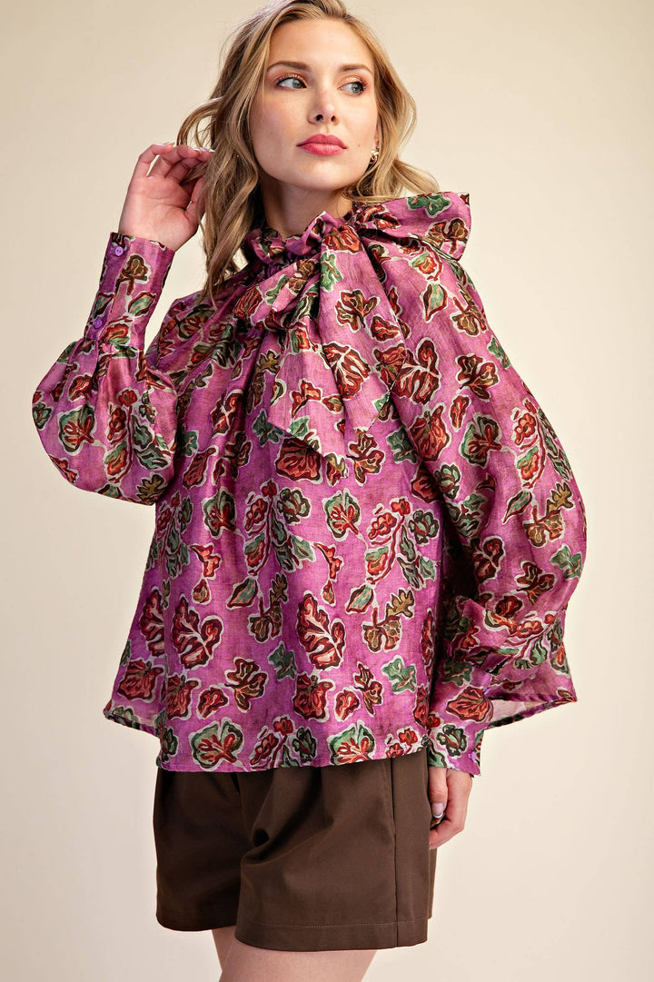 Ruffle Tie Neck Long Sleeve Print Blouse