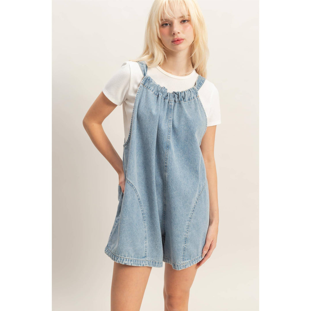 Denim Romper With Gathered Neck