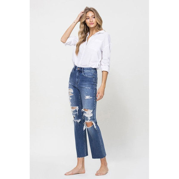 Denim - DISTRESSED HIGH RISE ANKLE RELAXED STRAIGHT -  - Cultured Cloths Apparel