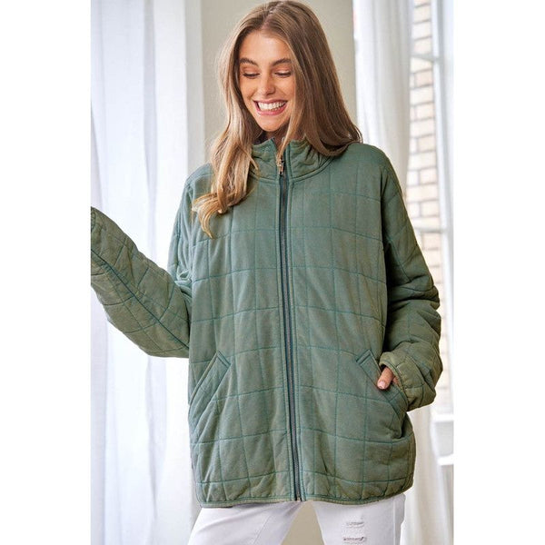Outerwear - Washed Soft Comfy Quilting Zip Closure Jacket - Sage Ash - Cultured Cloths Apparel