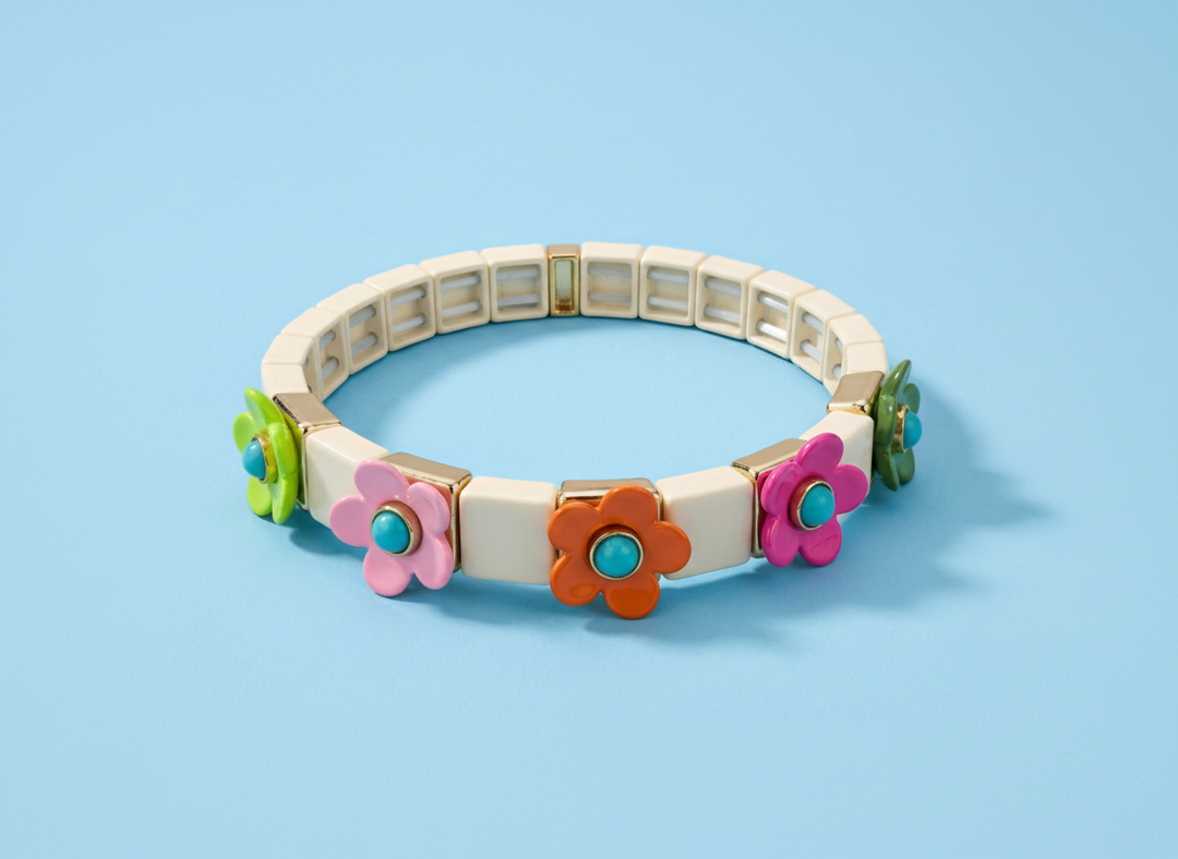 Accessories, Bracelets - Enamel Stretch Bracelet - Flowers - Poppy - Assorted Colors - White w/ Rainbow Flowers - Cultured Cloths Apparel