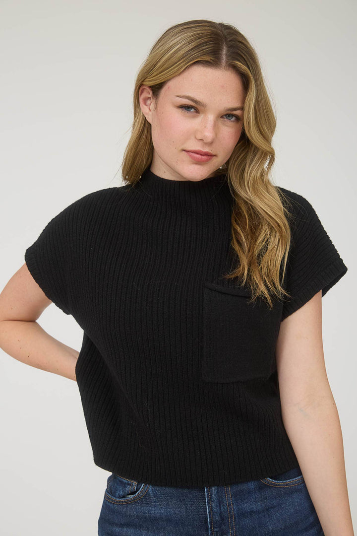 Women's Short Sleeve - MOCK NECK POCKET DETAIL SHORT SLEEVE KNIT SWEATER - - Cultured Cloths Apparel