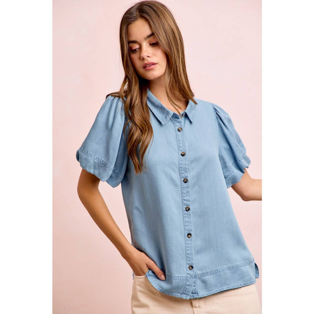 Women's Short Sleeve - PUFF SLEEVES WASHED TENCEL SHIRT TOP - - Cultured Cloths Apparel