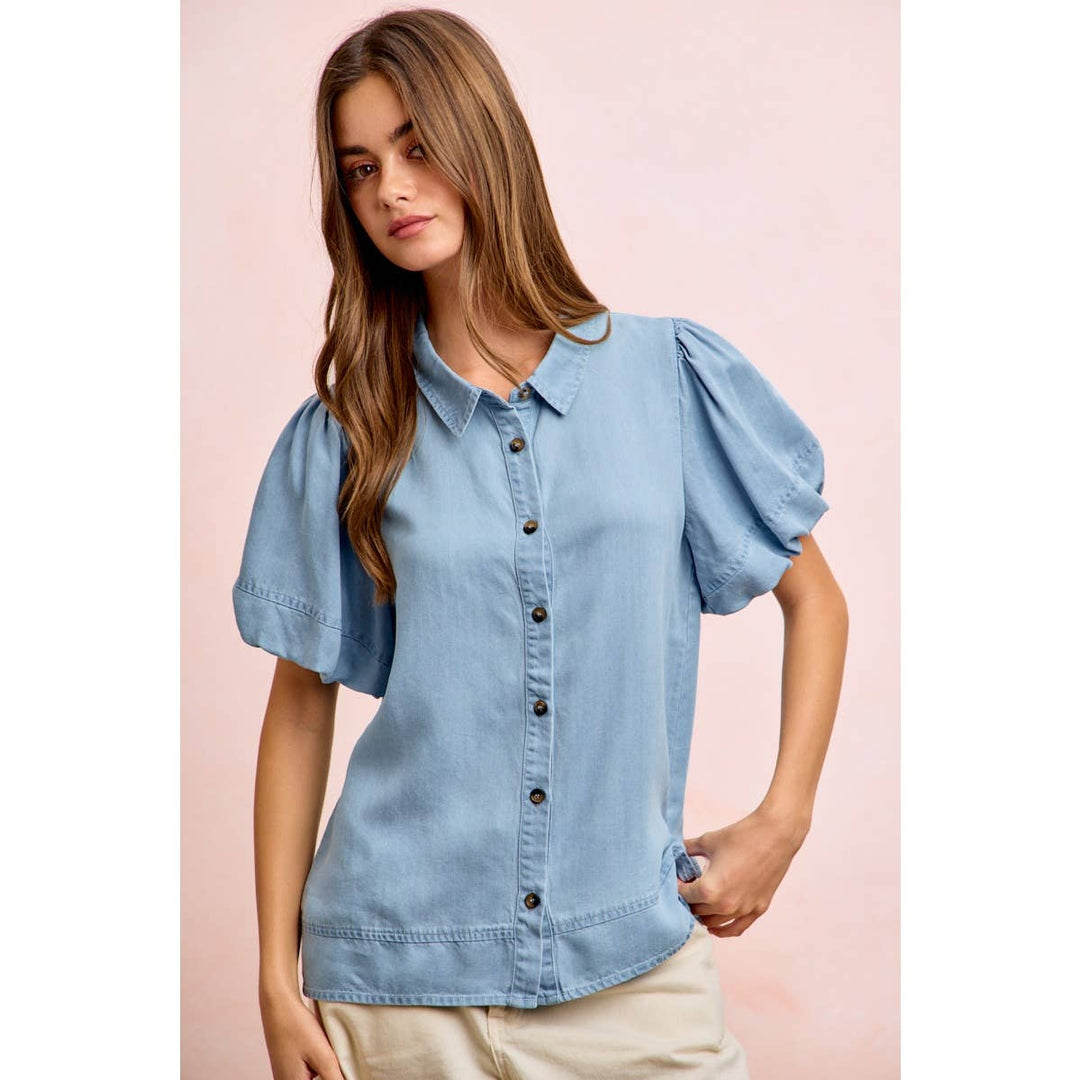 Women's Short Sleeve - PUFF SLEEVES WASHED TENCEL SHIRT TOP - - Cultured Cloths Apparel