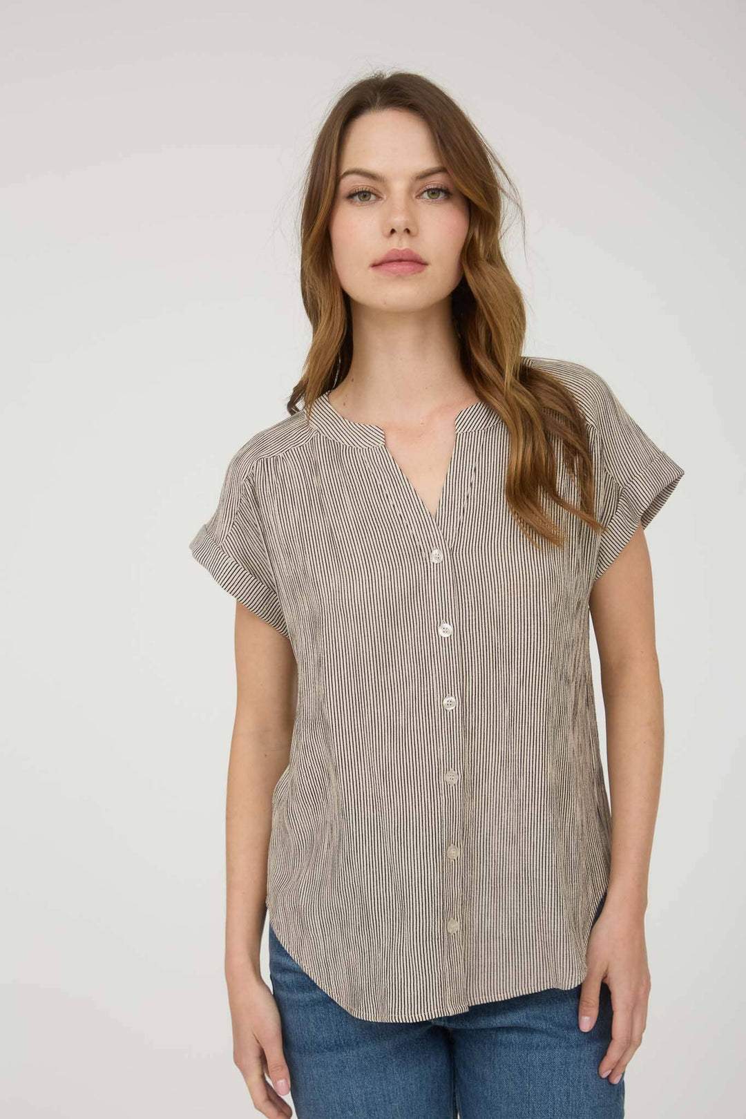 Women's Short Sleeve - PINSTRIPE SHORT CUFF SLEEVE BUTTON DOWN SHIRT - - Cultured Cloths Apparel