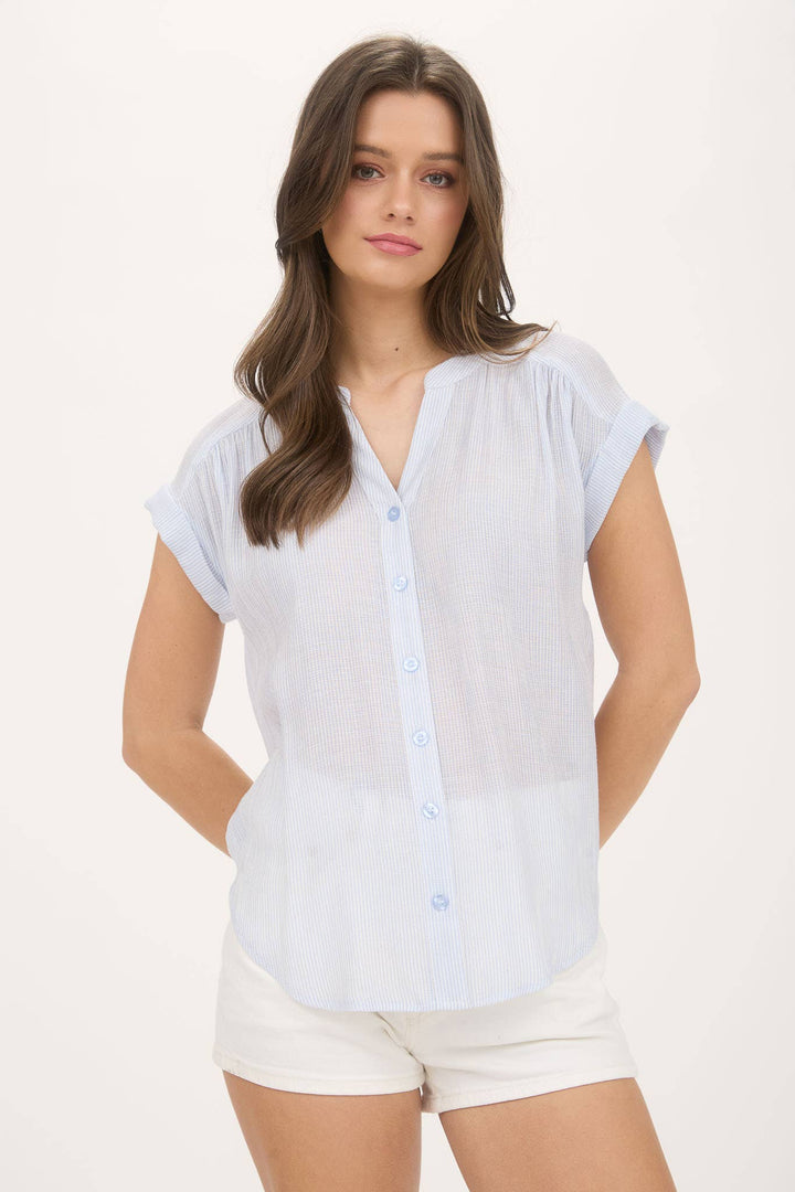 Women's Short Sleeve - PINSTRIPE SHORT CUFF SLEEVE BUTTON DOWN SHIRT - - Cultured Cloths Apparel