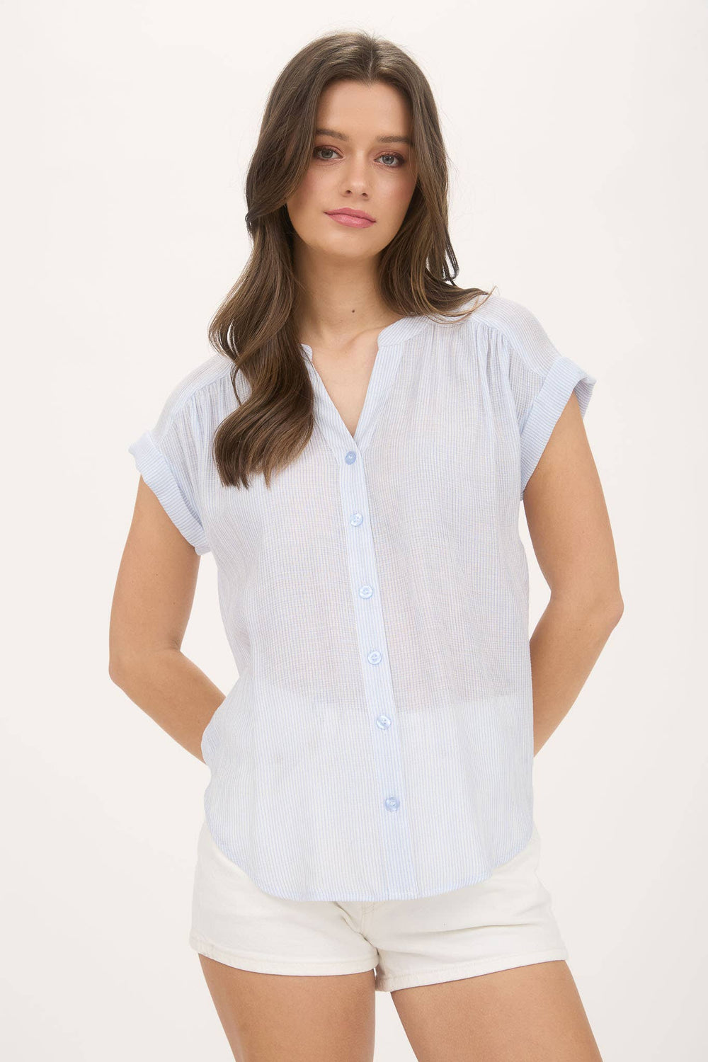 Women's Short Sleeve - PINSTRIPE SHORT CUFF SLEEVE BUTTON DOWN SHIRT - BLUE - Cultured Cloths Apparel