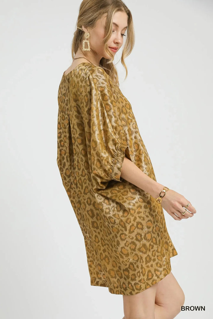 Women's Dresses - Umgee Metallic Leopard Print V-Neck Kimono Dress - - Cultured Cloths Apparel