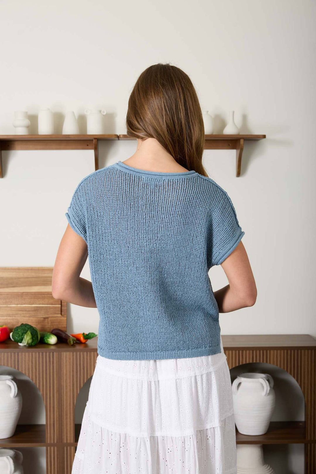 Women's Short Sleeve - SPLIT NECK RAW EDGE SHORT SLEEVE SHEER KNIT TOP - - Cultured Cloths Apparel