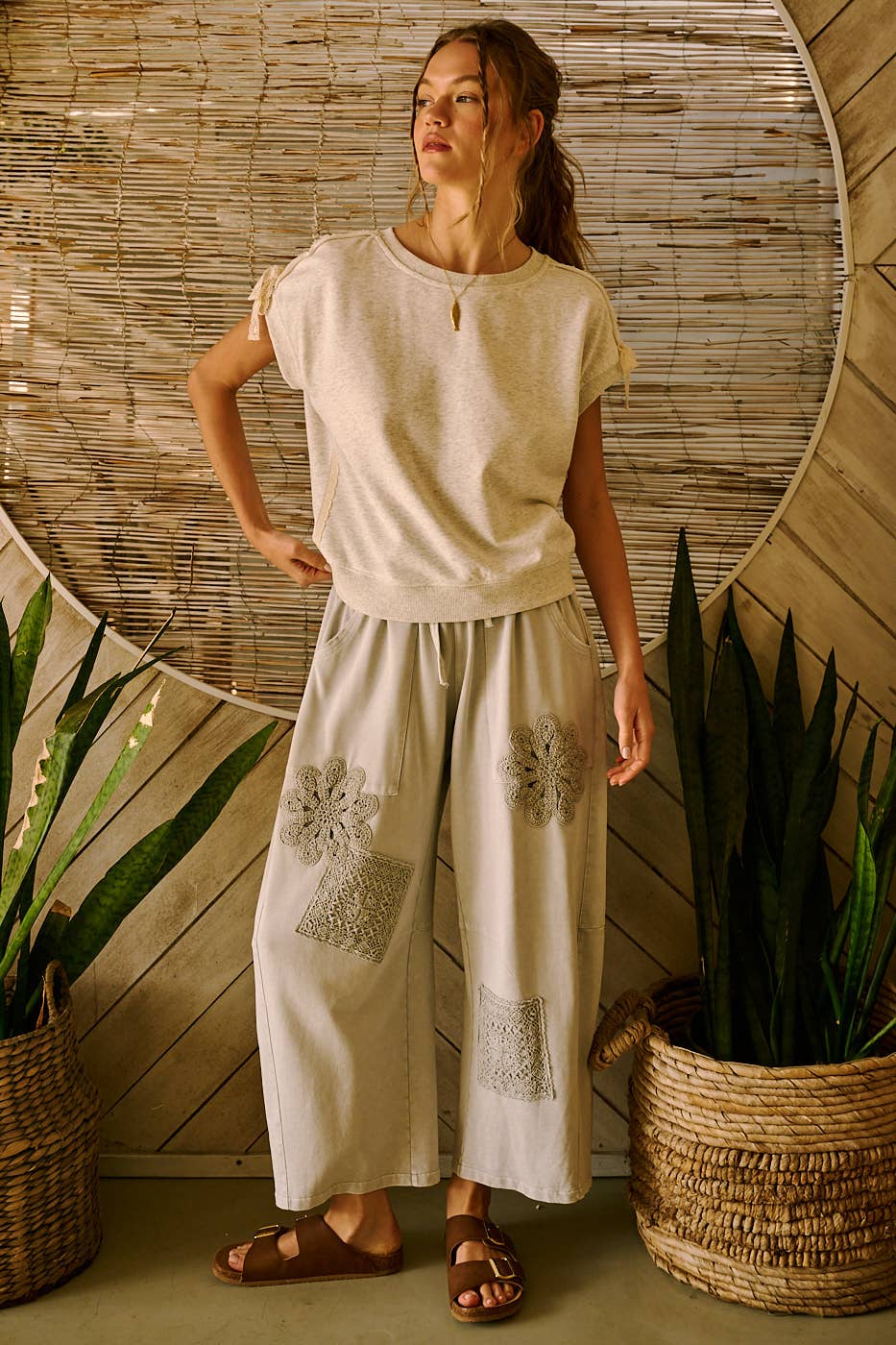MINERAL WASH CROCHET PATCH BARREL LEG PANTS
